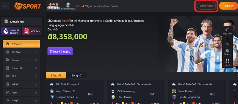 Chọn mục “Đăng nhập” để truy cập nhà cái Vsports