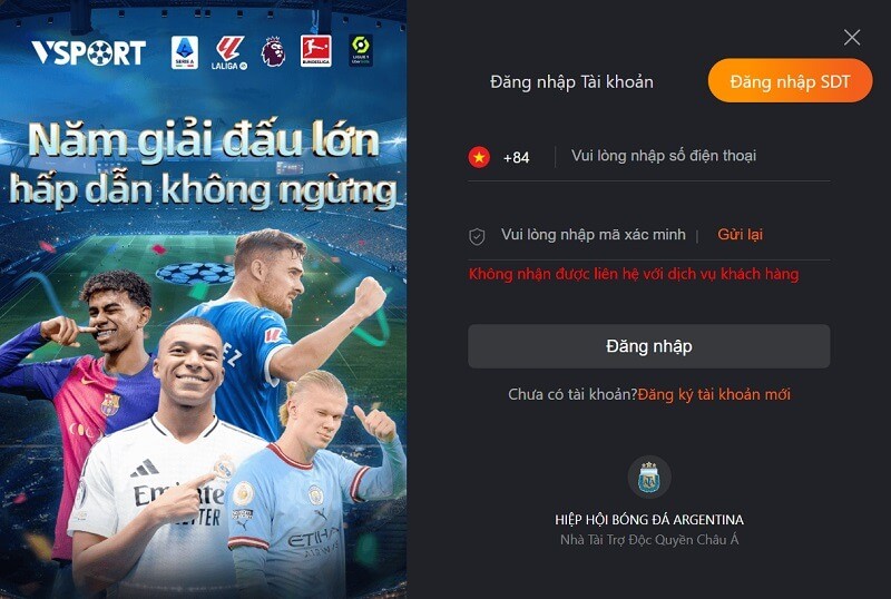 Đăng nhập Vsports bằng số điện thoại