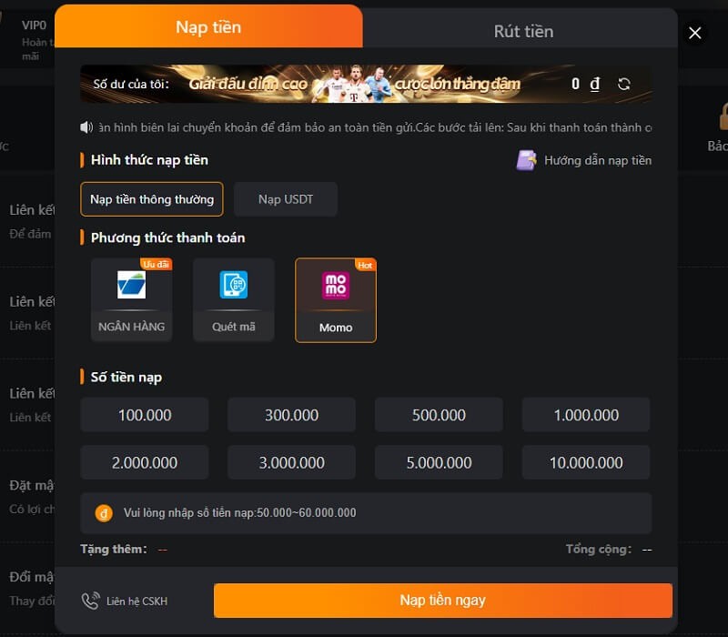 Nạp tiền Vsports qua Momo